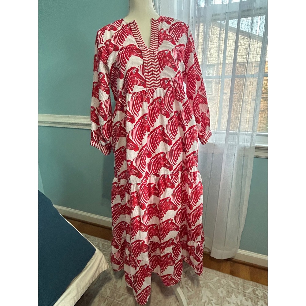 Liza Byrd Red White Zebra Print Cotton Maxi Dress Long Sleeve Tiered V-Neck M - Picture 2 of 9